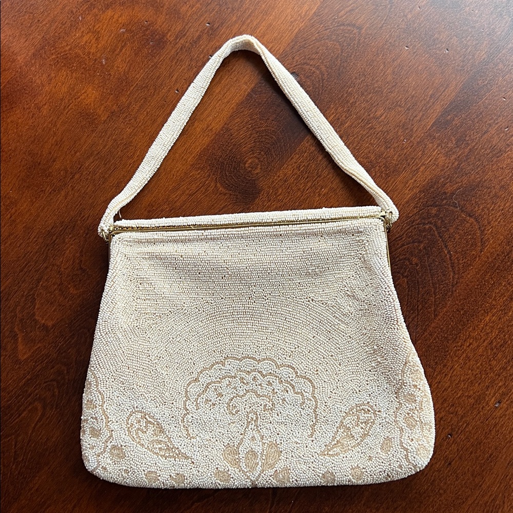 Vintage Intricately Beaded Evening Bag Cream Beige Gold Seed Bead Paisley Bird - Picture 3 of 16